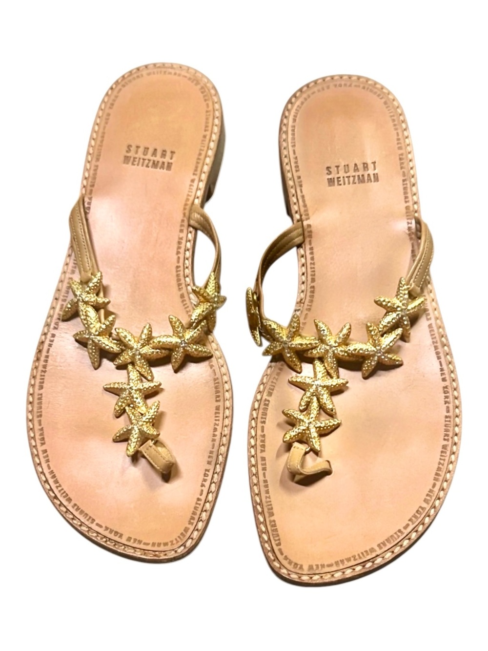 Stuart Weitzman Gold Crystal jewel Starfish 8.5 T-Strap leather thong Sandal EUC